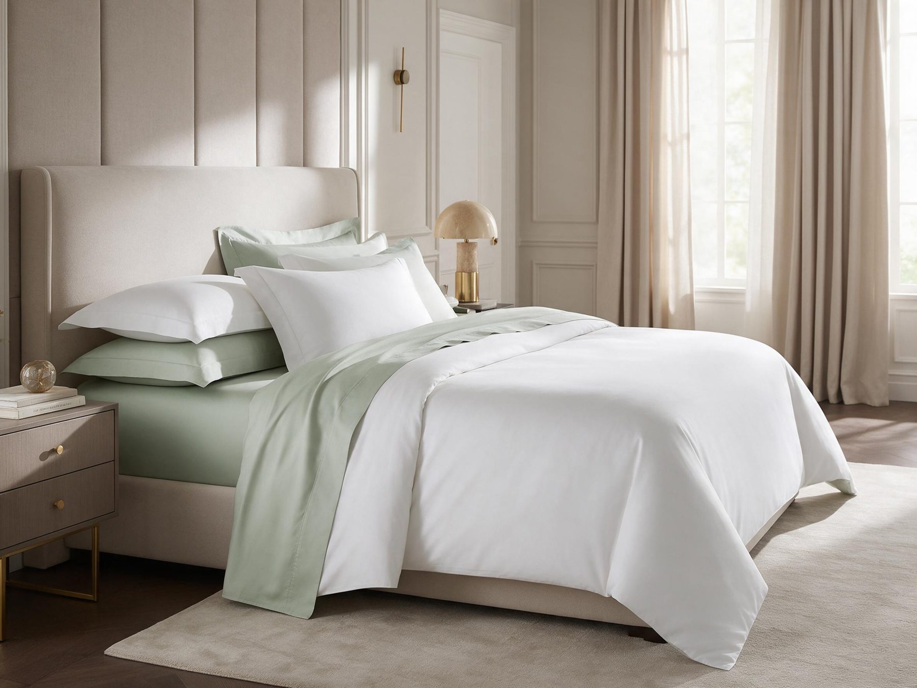 Bed made with white and sage bedsheet set