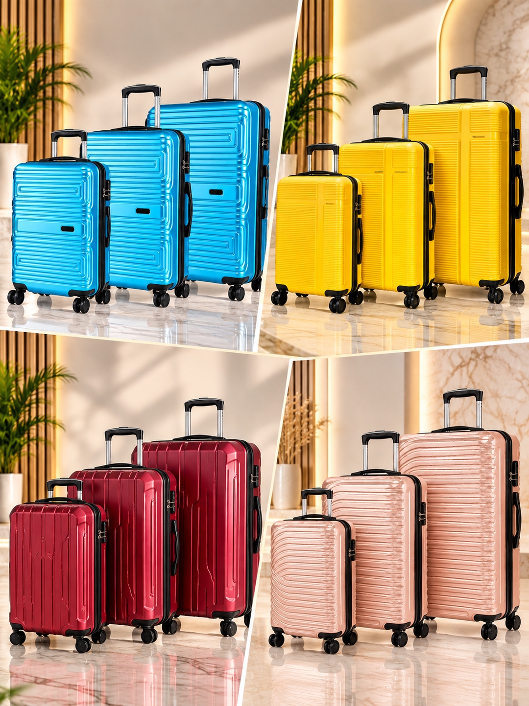 Four Four Lamb collections — sapphire, sunlit yellow, wine red and blush rose — arranged in a lifestyle mosaic.