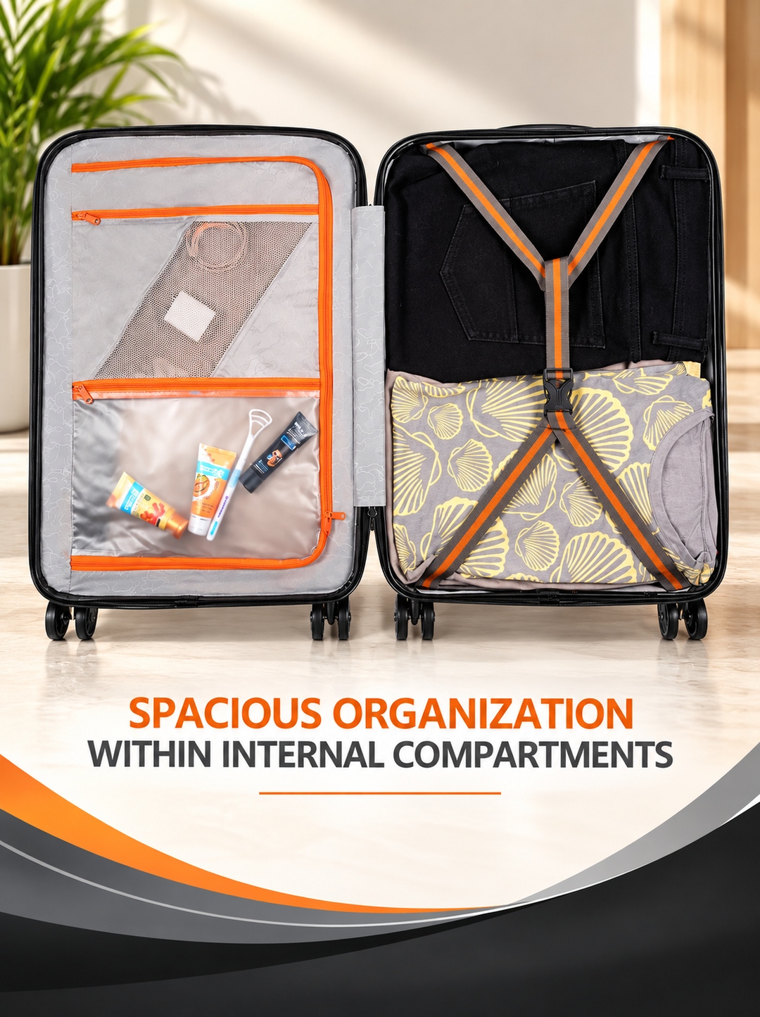 Open Four Lamb case showing spacious internal compartments with orange-accent zippered mesh pockets and a cross-strap system.