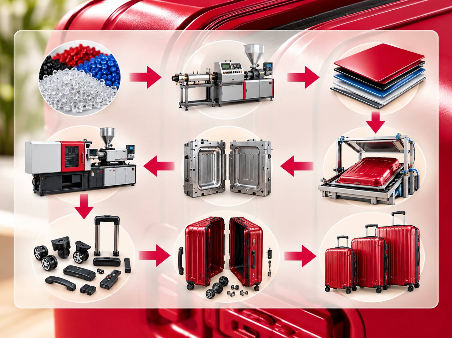 A six-step diagram showing the Four Lamb luggage manufacturing process — from raw pellets to finished suitcase.