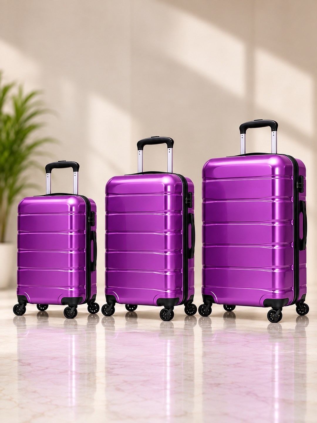 ECO collection — amethyst wave-textured polycarbonate luggage.
