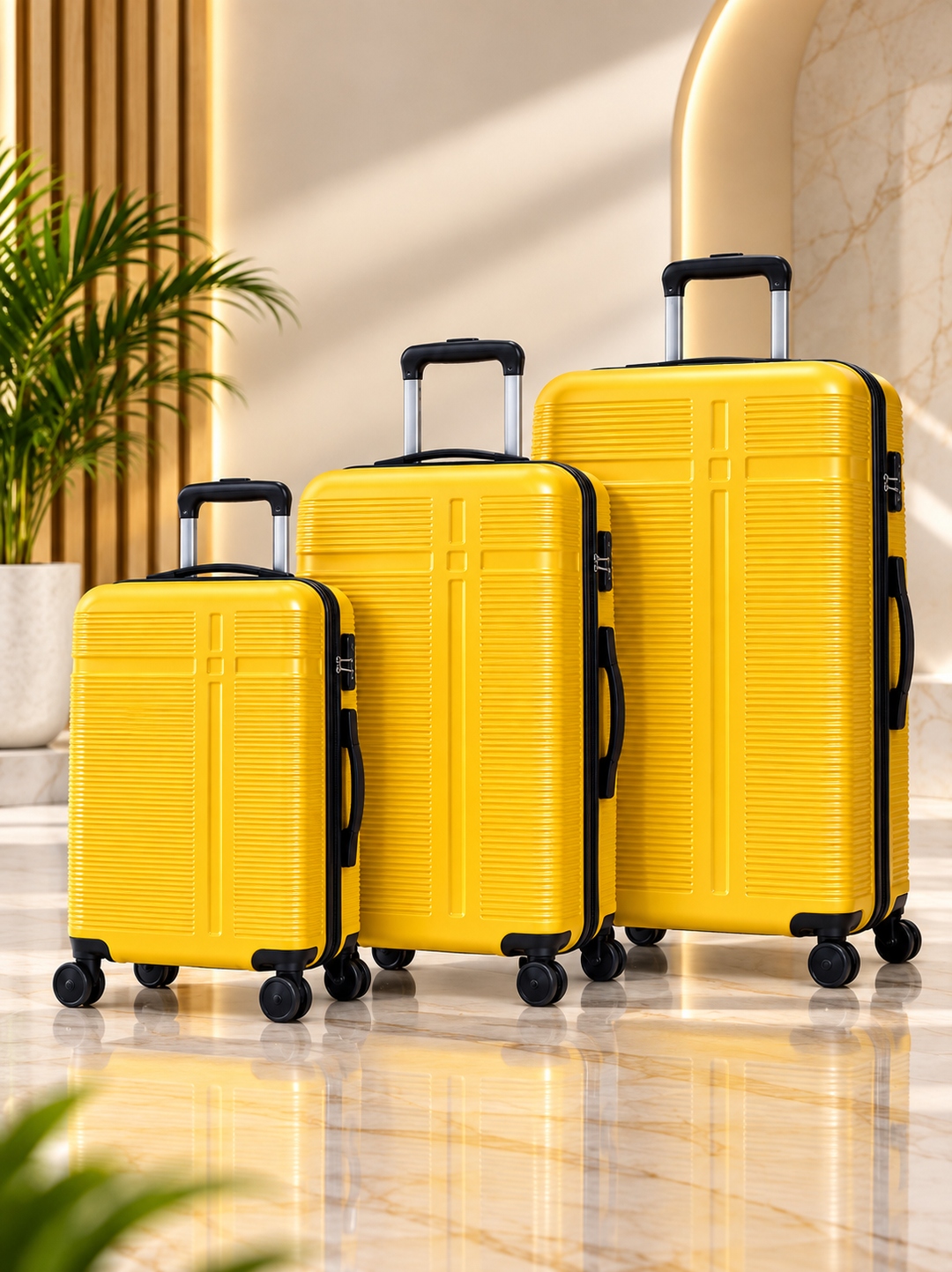 Hycross collection — sunlit yellow textured hardshell luggage.