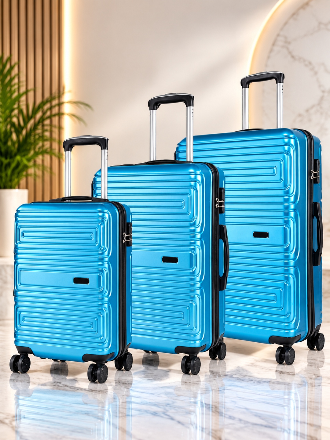 Rivera collection — ribbed polycarbonate luggage in sapphire blue.