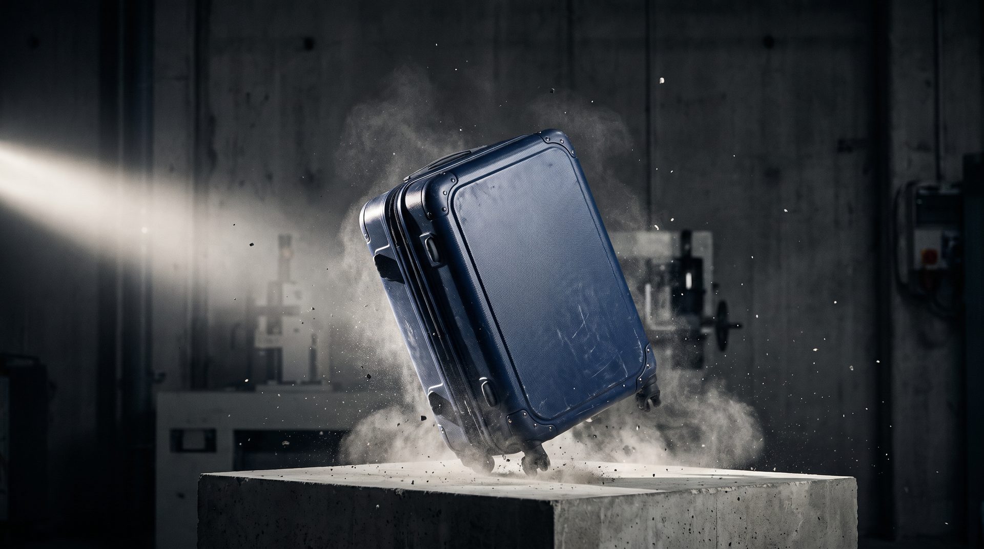 A navy Four Lamb hardshell suitcase mid-drop during an impact durability test.